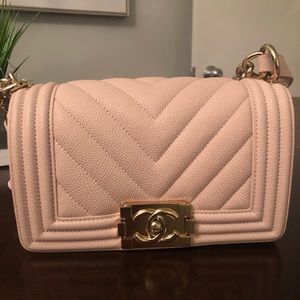 Chanel small caviar leather chevron boy bag